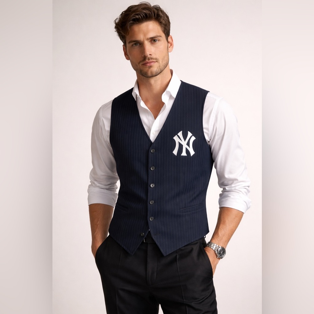 Upcycled Navy & Gray Wool Pinstripe Vest Size 44L